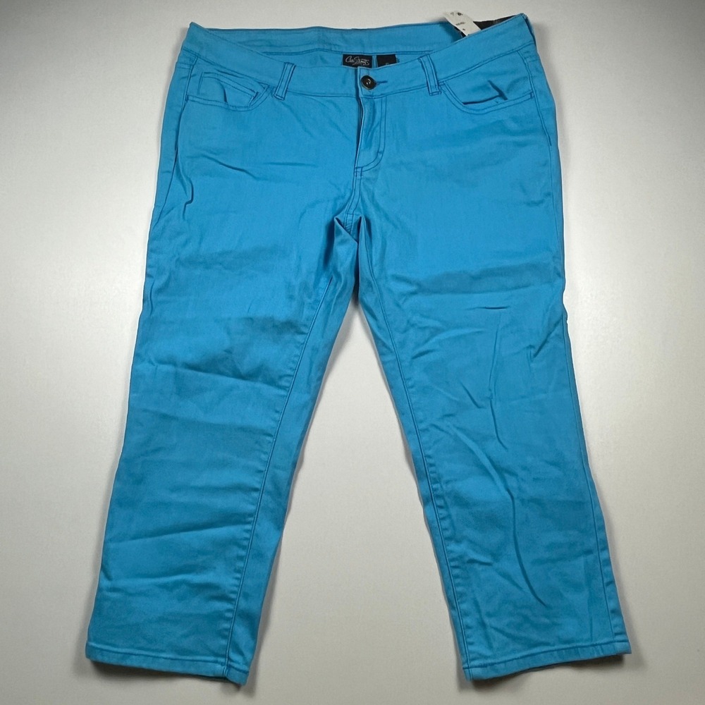 City Streets Cropped Capri Pant Floral Embroidery Size 15 Blue Stretch Denim NWT